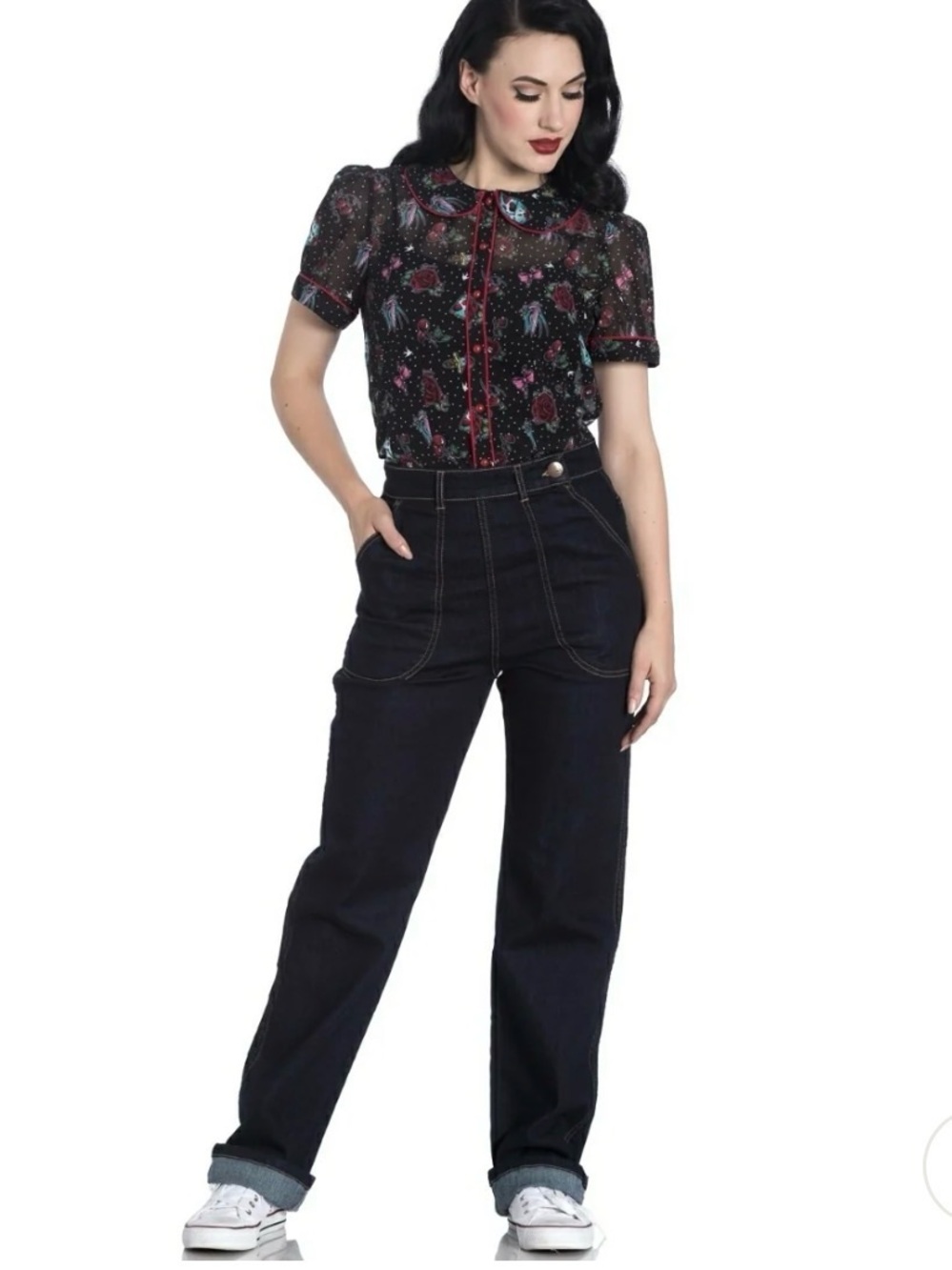 Hell Bunny Weston High Waisted Side Zip Dark Denim Jeans Retro S